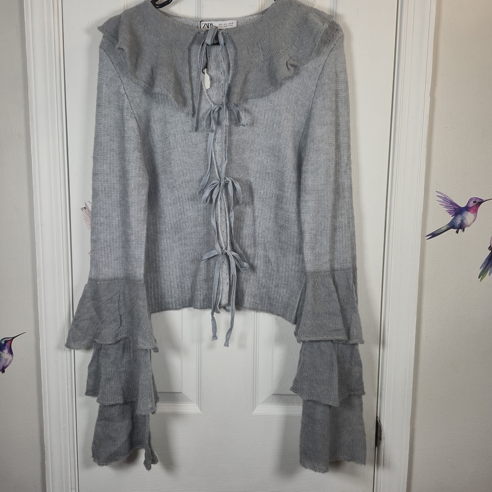 Zara Alpaca Blend Ruffle Tiered Sleeve Gray Tie-Front Cardigan Size L